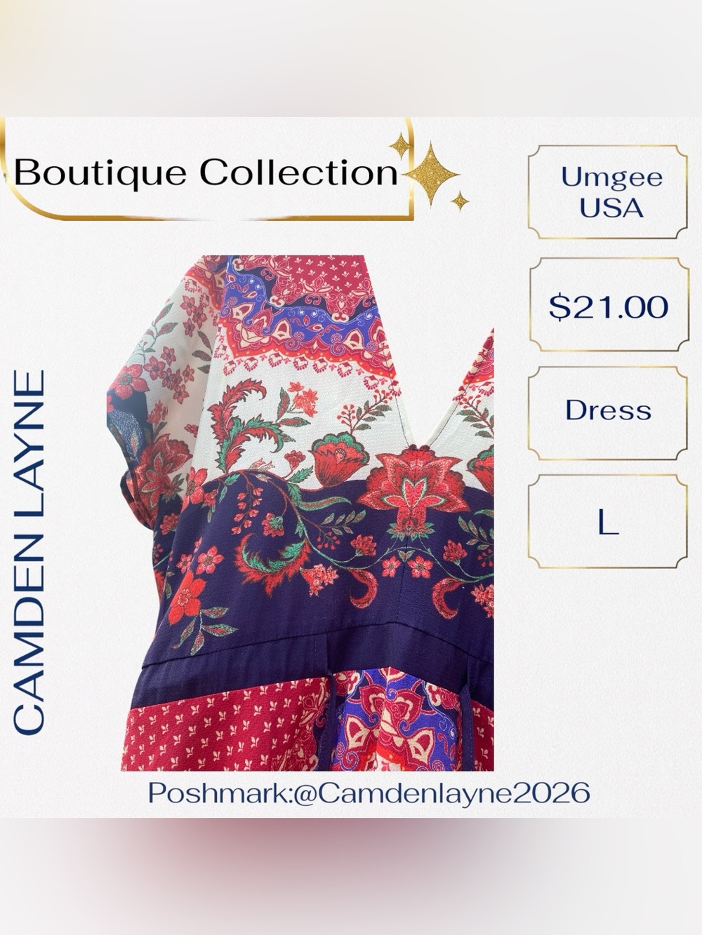 Floral V-Neck V-Back Summer Dress in Navy and White - Picture 7 of 9